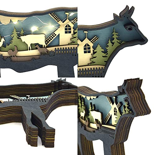 Annoomm Animal Cow Decor,Wooden Home Ornament Cow Statues And Figurines,Multilayer Woodland Cow Silhouette And Sculpture,Cow Decoration For Shelf Table Wood(Cow+Light) #TOP2