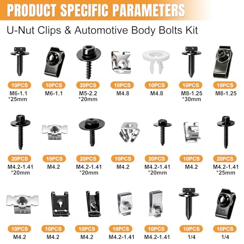 Image of mankk 260PCS U‑Nut Clips and Fender Body Bolt Assortment Kit, 21 Sizes Mixed‑Spec Auto Fasteners, Black Phosphate Steel Retainer Clips for Car Truck Motorcycle Bumper Fender Mud Flap Repair