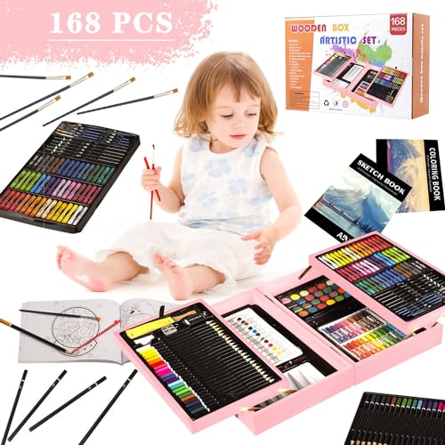 KINSPORY 168 Pack Wooden Art Set, Deluxe Painting Drawing Kit with 3 Coloring Books, Oil Pastels, Watercolor Paints, Art Crafts Supplies, Creative Gift for Beginners, Kids, Boys, Girls & Artists - Thumbnail 4