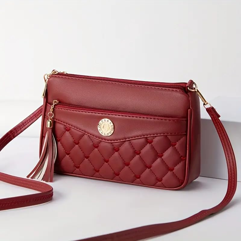 Image of SHAMRIZ Korean Style Quilted Sling Bag for Girls | Cute Heart Pattern Crossbody Purse with 3 Zipper Compartments | Fancy Tassel Side Bag for Party, Wedding & Gifts | Mini Slingbag /One Side Bag