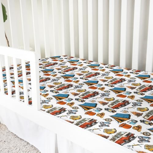 Image of Vintage Camping Hiking Baby Crib Sheet 52''x28'' Outdoor Camp Snug Fitted Crib Mattress Cover for Boy Girl Campfire Soft Nursery Baby Bed Sheet for Standard Crib and Toddler Mattresses