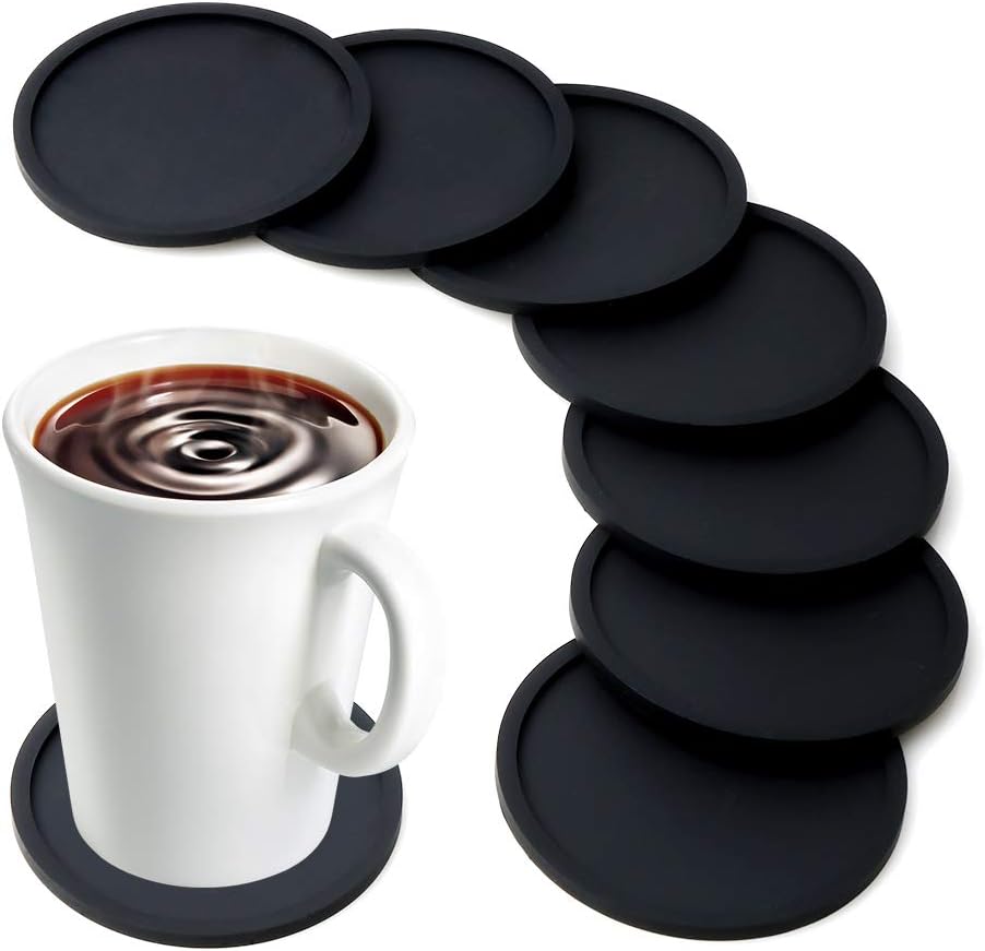 Silicone Drink Coasters Anti-Slip Durable Reusable Coasters for Glasses Cups Mugs, Perfect to Protect Patio Furniture, Dinner Table or Bar, No More Water Rings and Wet Sticky Tables (Black)