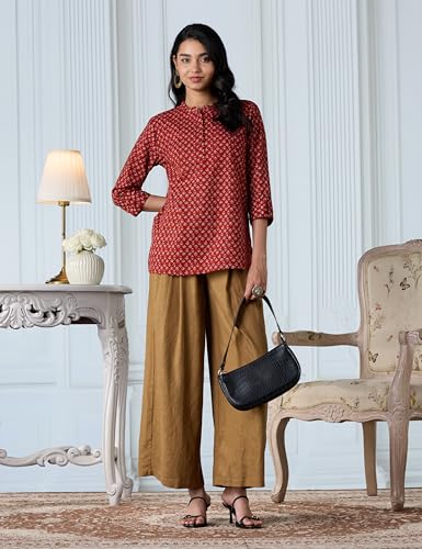 Image of Amazon Brand - Myx Women's Screen Print Straight Printed Regular Cotton Short Kurti (Available in Plus Sizes)