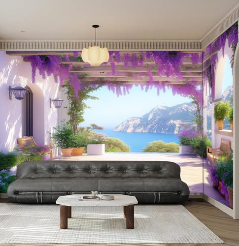 JEDTAKCT Papel Tapiz Fotográfico Corredor Wisteria Vista Al Mar 300X210Cm Seda Fondo De Pantalla Moderna Decoración De Pared Sala Cuarto Oficina Salón