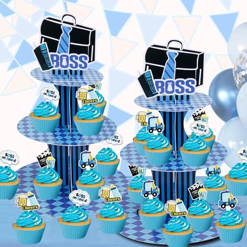 HAPPARTY Blue Black BOSS Theme 3-Tier Cupcake Stand Holder Decoration Kit (2 Set)- for Little Gentleman Brief Case 1st 2nd Birthday Baby Shower Party Supplies