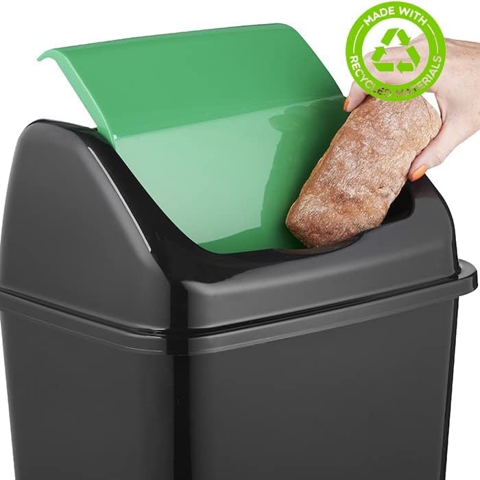 Oipps Invopak 30L Recycled Black Swing Bin with Green Lid for Household Recycling, Waste, Multifunctional Bin, Indoor kitchen waste