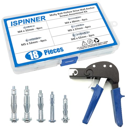 ISPINNER Wall Anchor Setting Tool with 18pcs Molly Bolt Hollow Drive Wall Anchor Screws Assortment Kit, Heavy Duty Anchor Gun for Cavity Anchor Plasterboard Fixing