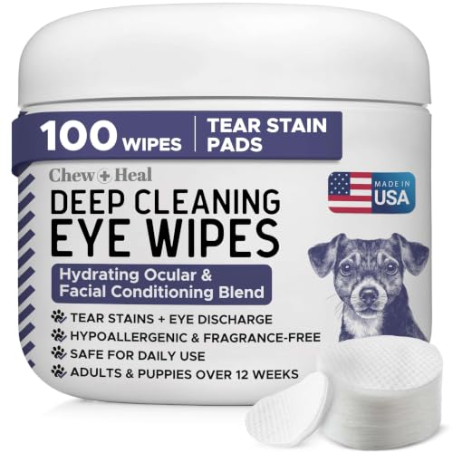 Chew + Heal Labs Deep Cleaning Dog Eye Wipes - 100 Dog Tear Stain Remover Pads for Tear Stains and Eye Discharge - Safe for Daily Use Face Wipes - Hypoallergenic and No Fragrance