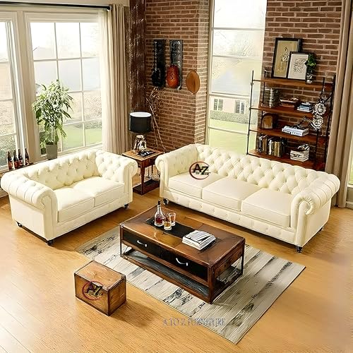 Image of A to Z Furniture Classic 3+2=5 Seater Sofa Set with Wooden Leg;s with Luxury Chesterfield Leatherette Sofa in for Home Living Room & Office (3+2 White)