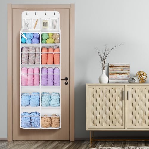 Image of Univivi Hanging Yarn Storage Organizer with Clear 4 Pockets, Extra Large 6 Tiers Crochet Bag Organizer, Over the Door Yarn Storage for Crochet Hook, Knitting Needles (White)