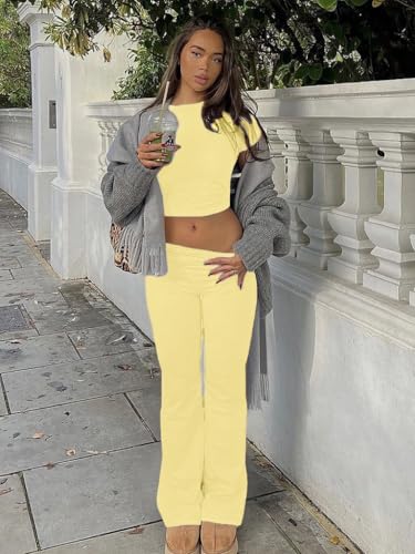 Image of AYWA Women's 2 Piece Lounge Sets Short Sleeve Crop Top Foldover Flare Pants Casual Pajama Outfits