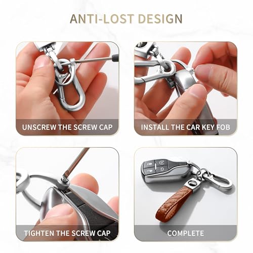 Image of Gkeygo Carabiner Keychain, Universal Heavy Duty Woven Handmade Leather Key Chain, Car Fob Key Keychains with 360 Degree Rotatable Snap Swivel and Anti-Lost D-Ring for Men and Women, Silver - Brown