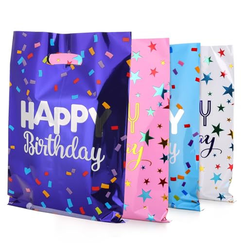 PintreeLand Medium(6.7 * 9.8inch) Happy Birthday Party Favor Bags 40 PCS Plastic Goodies Loot Bags Bulk for Kids Baby Girls & Boys Birthday Return Gift (B Style 40 Packs)