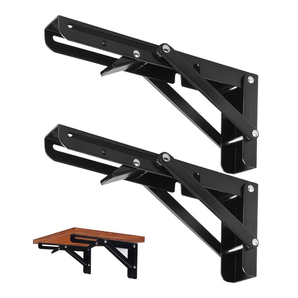 Ceeysee Black 2 Pcs Folding Shelf Brackets 10 Inch Duty Metal Diy Triangle Wall Mount Collapsible Shelf Bracket For Tables Benches Shelves Space Saving ( 10 Inch)