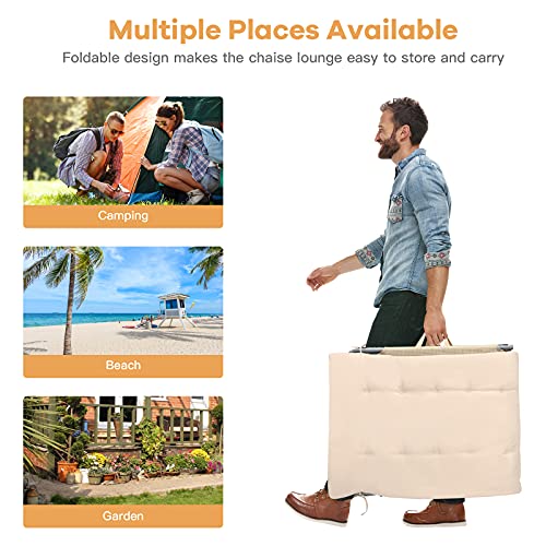 Gymax Lounge Chair For Outside, 27” Oversize Beach Chaise Lounge With Removable Cushion & Adjustable Backrest, Headrest & Carry Strap, Tri-Fold Beach Layout Tanning Chair For Patio, Poolside(1, Beige) #TOP5