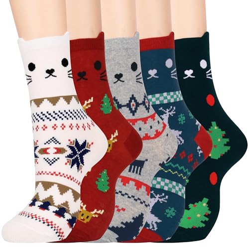 Jeasona 5 Pairs Cat Christmas Socks for Women 4-7 Stocking Fillers