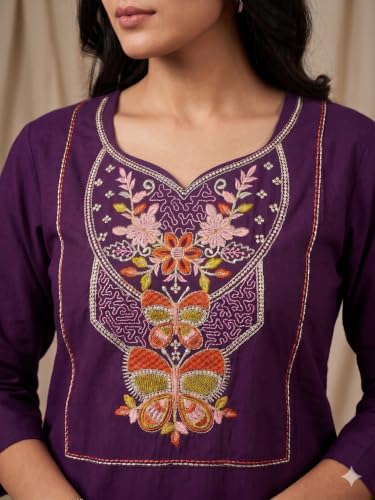 Image of Cotton Blend Embroidered Straight Kurta for Women | Cotton Blend | 3 /4 Sleeve | Round Neck V-Slit | Ethnic Wear Casual Wear