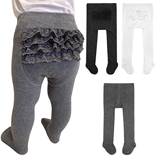 3 Pack Baby Girls Tights Breathable Cotton Knit Leggings Stockings, Black Gray White, 2-4 Year