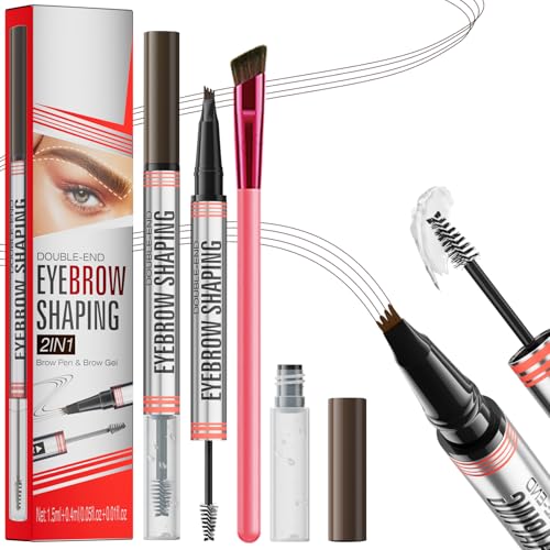 Microblading Augenbrauenstift Wasserfest Mit 4 Gabelspitzen & quadratischer Augenbrauenbürste & klarem Brauengel für natürliche Härchenzeichnung (Tiefbraun) – Ideal für zu Hause & Make-up-Profis