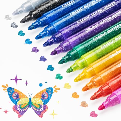Ohuhu ラメペン キラキラ 水性ペン 12色セット 線幅3mm グリッターマーカー ラメ入りメタリック 塗り絵 イラスト アルバム作り カード 年賀状 DIY ガラス 木 鮮やか プレゼントに最適（Amazon）
