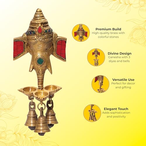 Image of Colorful Ganesha Wall Hanging with Diyas and Bells, Ganesha Wall Hanging, Spiritual Decor, Hindu Puja Items, Ganesha, Home Decor, Temple Decoration, Pooja Room Essential - 791