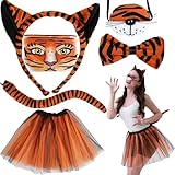 Rotamora 6Pcs Halloween Tiger Costume Set, Animal Costume Tiger Ears Headband Tail Nose Bow Tie Face Sticker Tutu Skirt Fancy Dress Up for Women Men Halloween Cosplay Party Accessories