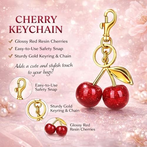 Image of Cherry Keychain with Gold-Tone Keyring and Safety Snap Hook, Red Cherry Charm Design