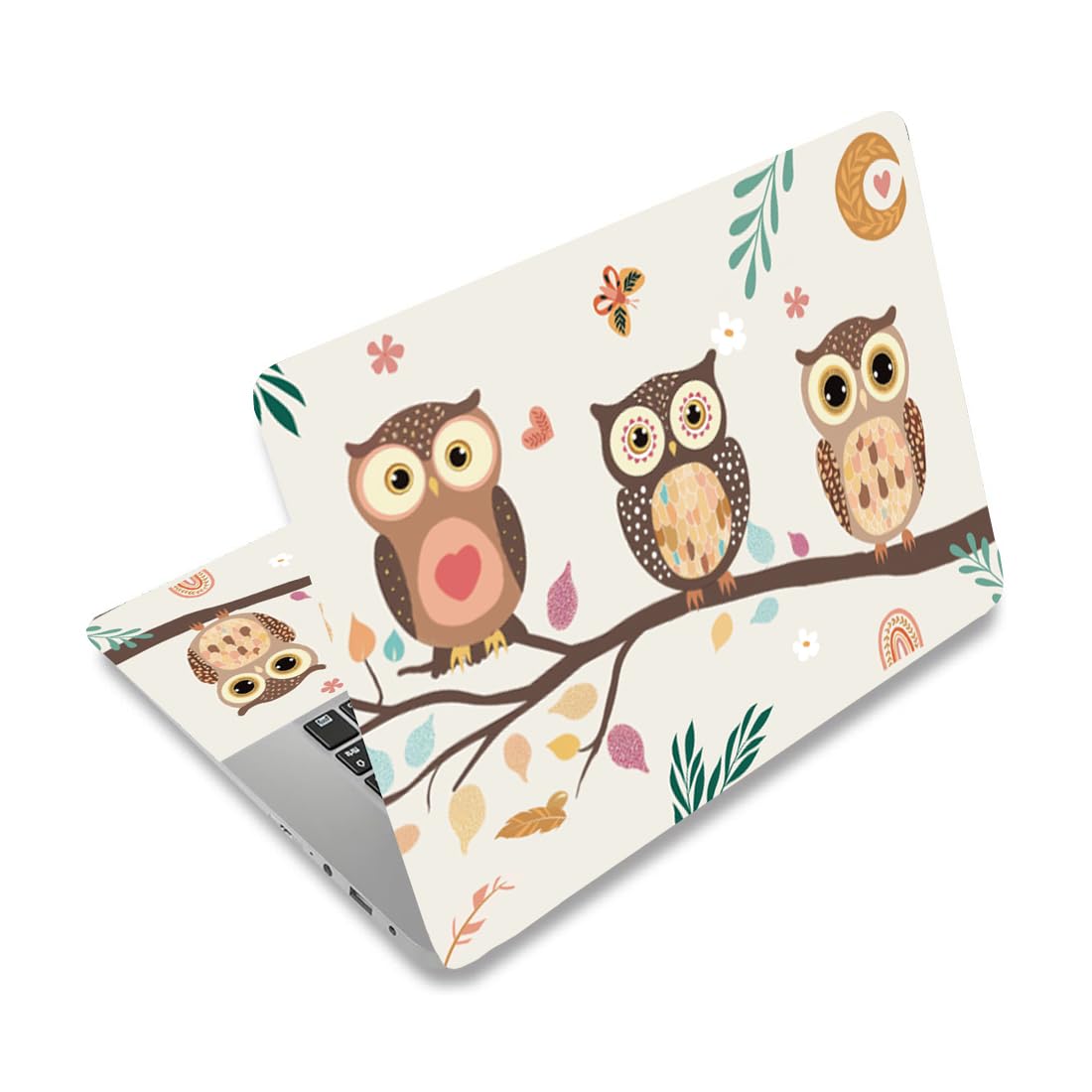 PLIGREAT Gufo Carino sul Ramo Laptop Pelle Adesivo Decalcomanie Vinile Universale Riutilizzabile Notebook Foglie di Fiore Decalcomania Acquerello Bohemien Fiore Foglie Protector Cover per Computer
