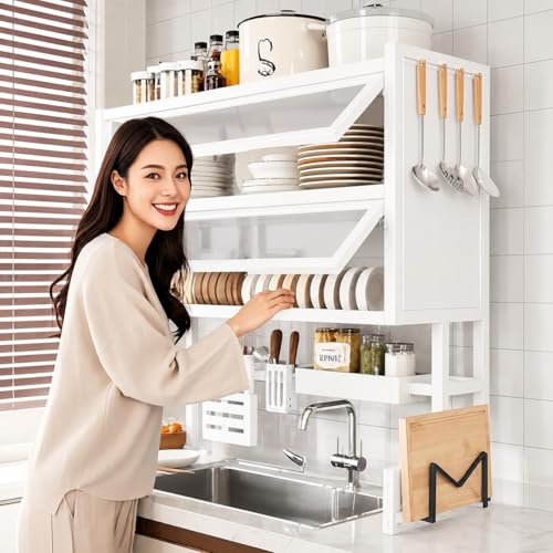 Image of HomeCloud 2-Tier Over-The-Sink Dish Drying Rack with Dustproof Flip Cover Door | Multifunctional Adjustable Metal Kitchen Countertop Organizer (White, 90x85x28Cm)
