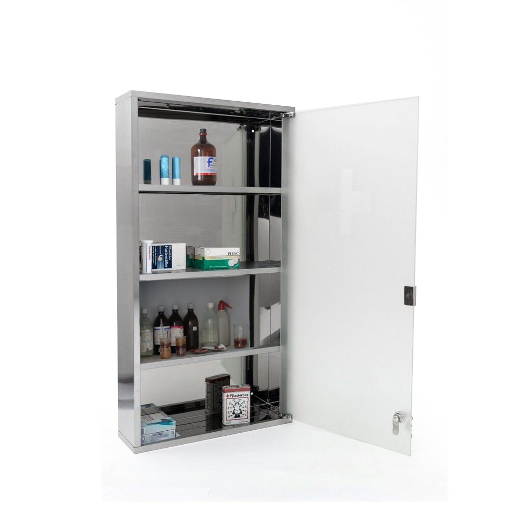 Style home Medizinschrank Medikamentenschrank Edelstahl Arzneischrank Erste Hilfe Schrank Glastür mit Schloss 4 Fächer (Silber, 60x30cm)