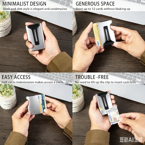 Image of Minimalist Carbon Fiber Wallet for Men, Money Clip Cash Strap Wallet, RFID Blocking Metal Wallet Aluminum Card Holder,Front Pocket Wallet(Matte Silver)