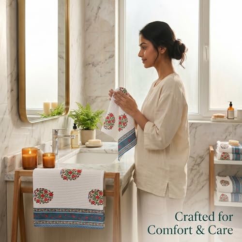 Image of Mafatlal Madhuban Bath & Hand Towel Set (1 Bath 147x76 cm + 2 Hand 76x38 cm) | 250 GSM | Hand Printed Floral Waffle Cotton | Oil Yellow