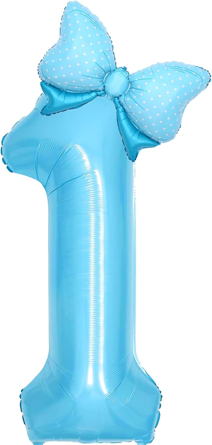 Alice in Onederland 1st Birthday Girl Pastel Blue Birthday Decorations, Bow Balloons Foil Mylar Large 40” 1 Birthday Balloon for Kawaii Bow Coquette 1st Birthday Party Decorations
