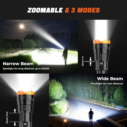 Image of Super Bright Flashlight High Lumens 100000 Rechargeable, Powerful Strong 50W LED, Long Lasting 15 Hours, Quick USB C Charge, Improved Single Click Design 3-Mode, LCD Display & Output, for Hiking Home