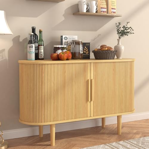 BOMETAO Sideboard Cabinet, Buffet Cabinet with Storage, Storage Cabinet with Tambour Sliding Doors and Handles, Wooden Buffet Cabinets for Kitchen, Living Room, Entryway(Oak, 47'')