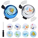 Ulikey 2 Stück Fahrradklingel, Fahrradglocke mit 8 Austauschbaren Aufklebern Dinosaurier/Einhorn, Kinderrad-Glocke für Kinder Jungen Mädchen, Fahrrad Klingel Bell für MTB Kinderfahrrad Roller (Blau)