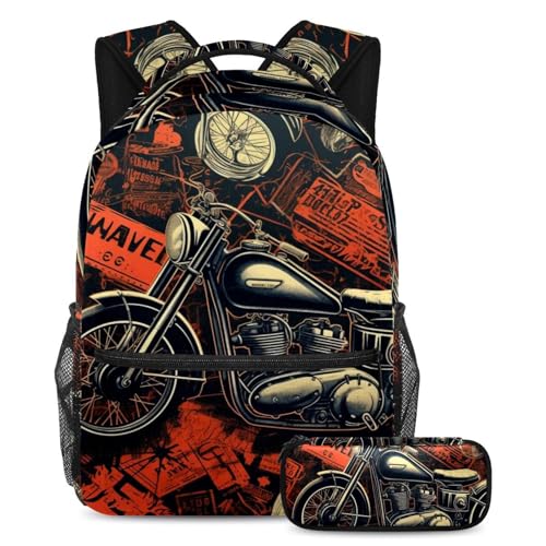 Sac à dos de moto vintage rouge avec trousse pour enfants ados et sac scolaire de voyage