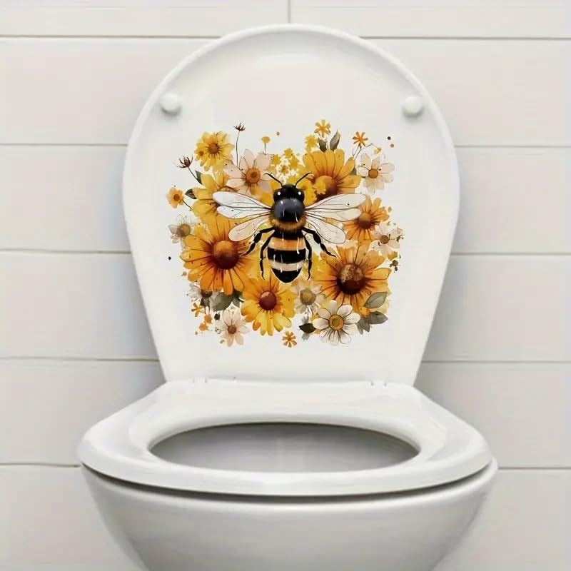 Bee Daisy Flower Butterfly Toilet Cover Sticker Decals,Spring Flower Leaf Butterfly Waterproof Toilet Lid Tank Seat Decals Cistern Self-Adhesive Bathroom Wall Sticker