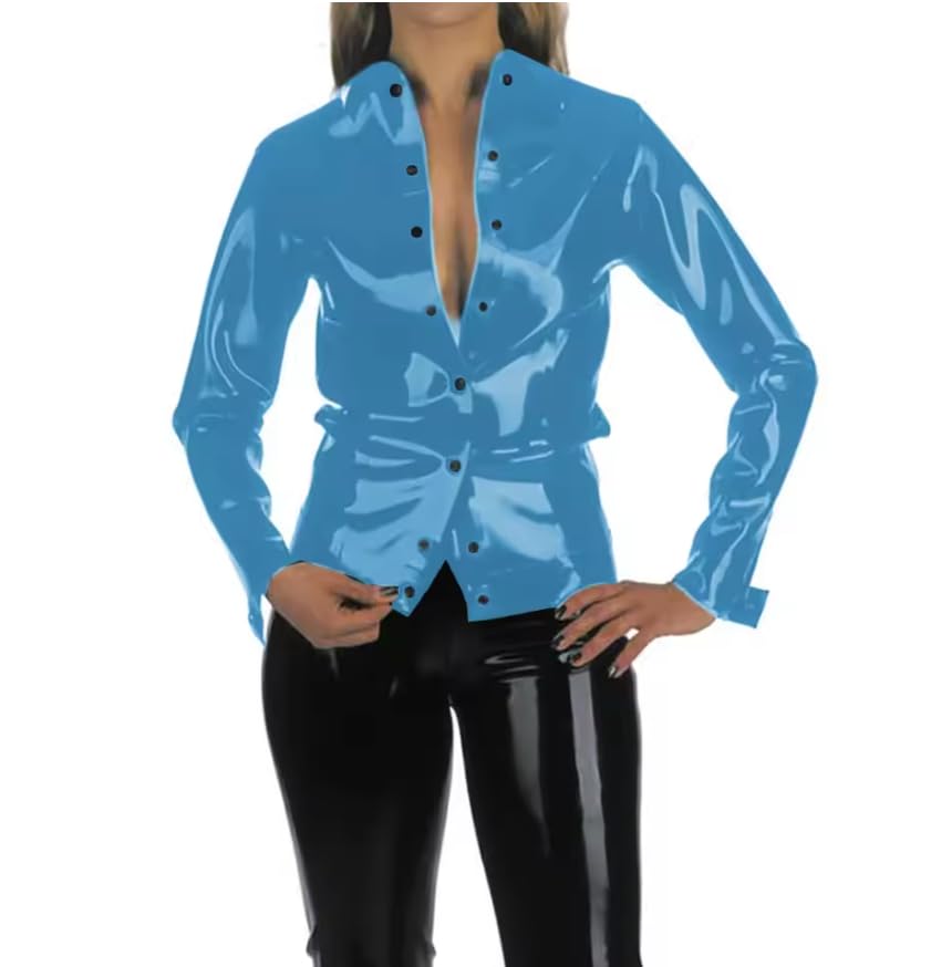 Blusa de manga larga para mujer, estilo informal, con cuello vuelto, para fiesta, PVC, ropa de oficina, personalizable