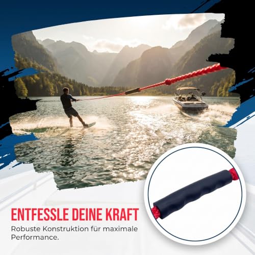 Harilla Wakeboard & Wasserski Leine Ergo, Rote Wakeboard Zugleine 730cm, Länge Zugseil mit Hantel, Wasserski Zugseil mit Griff, Robuste Schleppleine für Jet-Ski & Wakeboarding Knieboarding