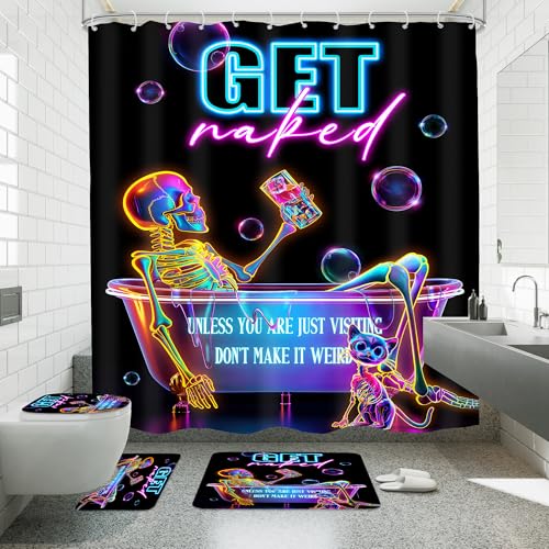 Mitpok 4 PCS Funny Skeleton Skull 72Wx72H Shower Curtain Set Halloween Bathroom Set Neon Goth Spooky Cool Unique Bath Rug Toilet Lid Cover U Shape Mat Accessories Bathroom Decor with 12 Hooks