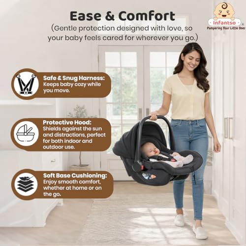 Image of Infantso (4-in-1) Baby Carry Cot (ECE R44 /04 Certified), Car Seat, Feeding Chair & Rocker for Infant Babies of 0 to 15 Months | Adjustable Handle, Canopy, Washable Cover | Baby Car Seat with 3-Point Safety Harness - Upto 13 Kgs (Black)