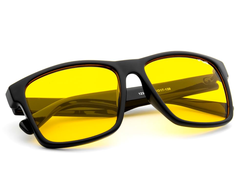 IRUS Gafas de sol 100 % protección UV sólidas de borde completo cuadradas para hombre, marco de policarbonato negro brillante, lente de policarbonato amarillo sólido