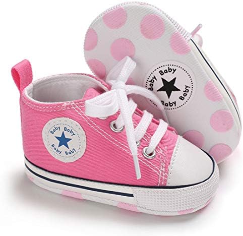 Baby Boys Girls Star High Top Sneaker Soft Anti-Slip Sole Newborn Infant First Walkers Canvas Denim Shoes (11cm, A-Pink, 0_Months)