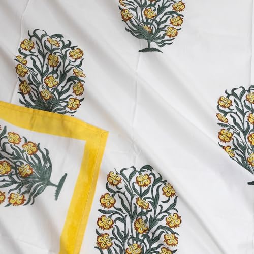 Image of TOAIArt Hand Block Printed Bedsheet | Long Staple Premium Cotton | Double Bed Sizes | Queen Size 90 inchX108 inch | 300 TC | Includes 2 Large Pillow Covers 18 inch X 28 inch (Yellow Marigold Bush on White)