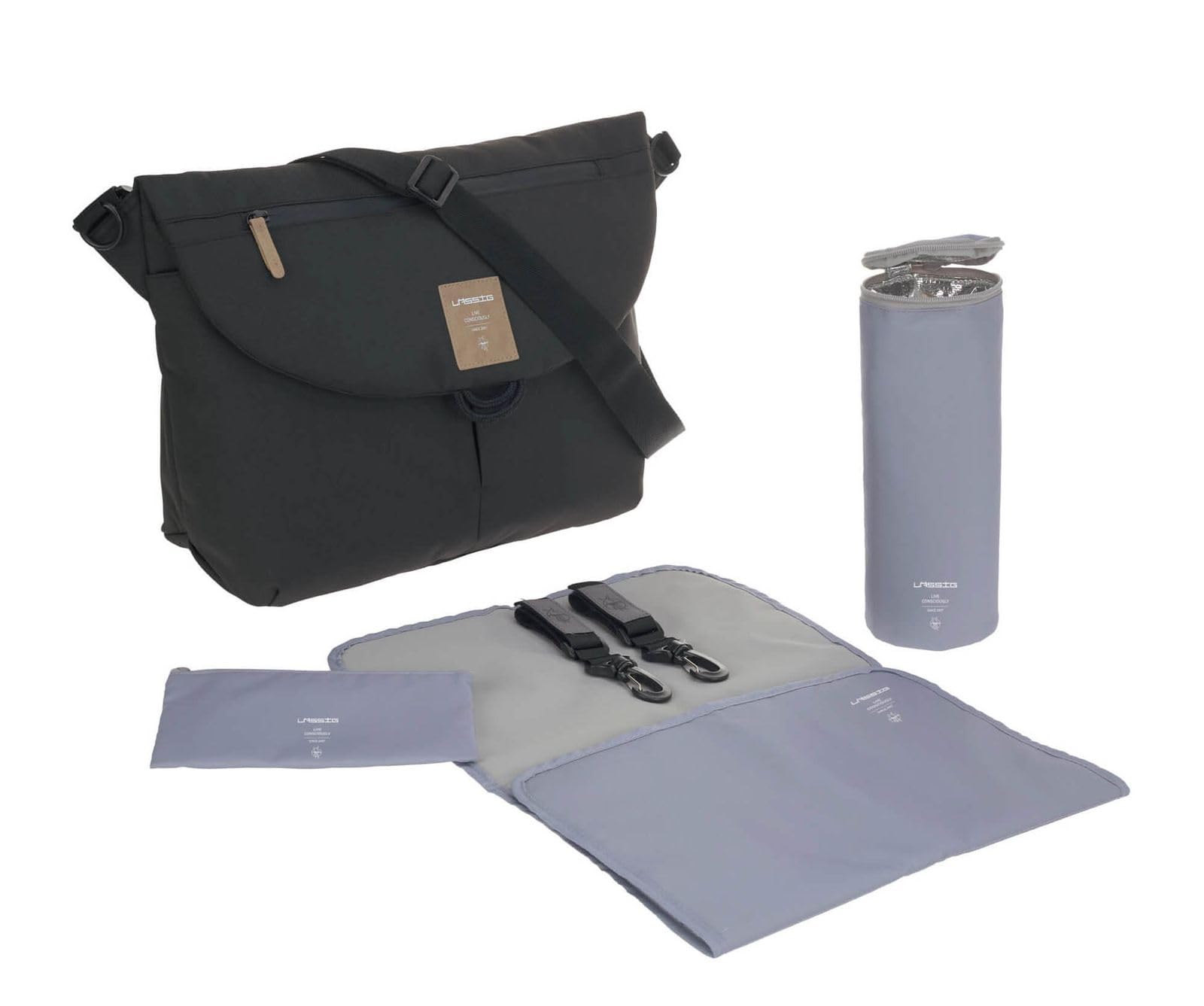 LÄSSIG Baby Wickeltasche inkl. Accessoires/Green Label Manu Messenger Bag black
