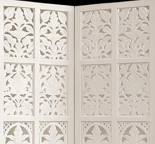 Image of Wooden Room Divider Screen, Carved,Decorative Handcrafted Privacy Screen Separator Wall Divider | Folding Partition with Floral & Jaali Design (White, 4ft-2 Panel White)