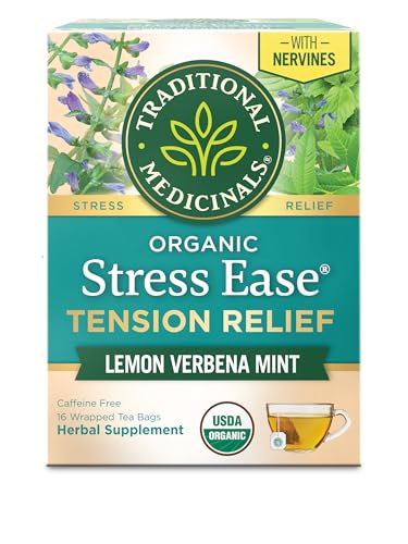 Image of Traditional Medicinals Organic, Stress Ease Tension Relief, Lemon Verbena Mint Tea - Supports Stress Relief - Kosher, Non-GMO, Caffeine-Free, Compostable - 16 Tea Bags