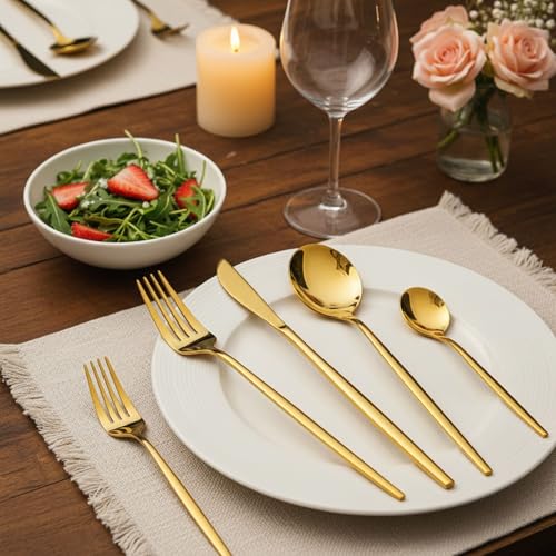Image of 20 Pcs Gold Cutlery Set for Dining Table the Perfect Lightweight Silim Handle Tableware Including Dinner Spoon, Dinner Fork, Dinner Knife, Dessert Spoon & Dessert Fork