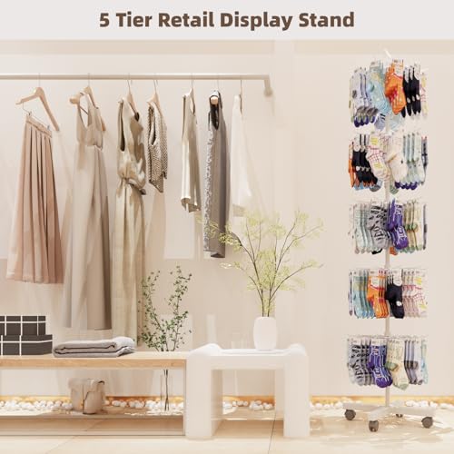 Image of Retail Display Racks 5 Tier Spinning Display Stand, Movable Shop Spinner Rack with Hooks, Retail Display Stand for Jewelry Keyring Hats Socks Toys (White)
